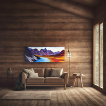 Load image into Gallery viewer, Talus and the Tombstones by Canadian artist Emma Barr displayed as a large panoramic canvas above a sofa in a warm cedar cabin living room with natural wood walls and modern furnishings.