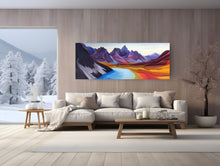 Load image into Gallery viewer, Large canvas print of Talus and the Tombstones by Emma Barr displayed in a bright Scandinavian living room with light wood walls, white furnishings, and snowy mountain views.